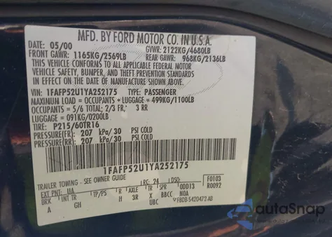 2000 Ford Taurus Lx from USA, damaged, VIN 1FAFP52U1YA252175